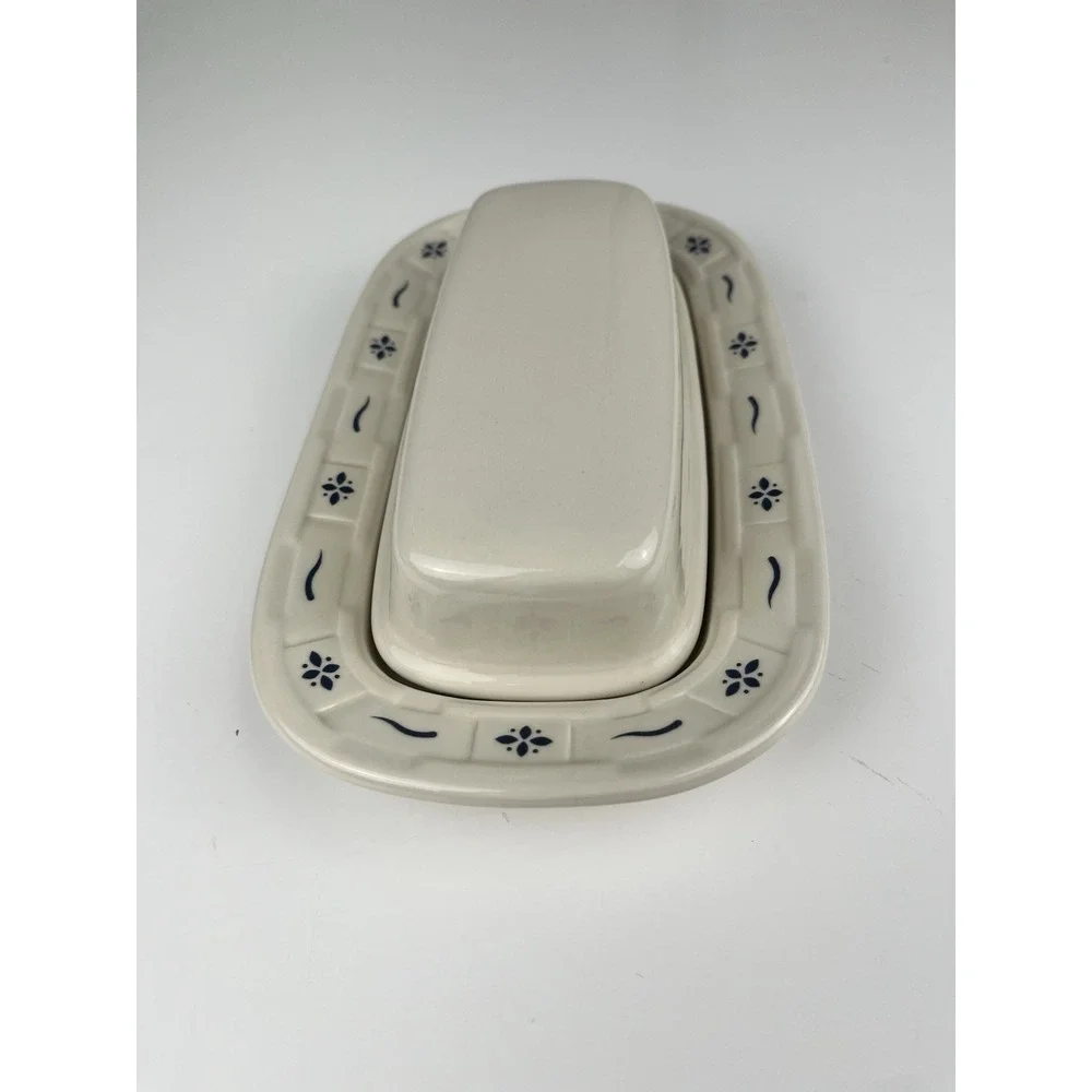 LONGABERGER Pottery Covered Butter Dish Woven Traditions Classic Blue 1997 USA
